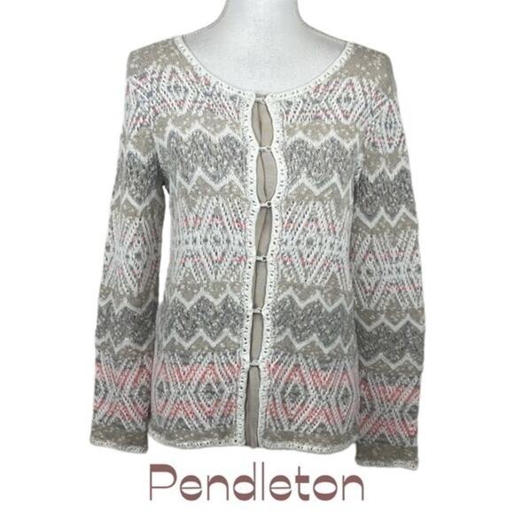 Pendleton Cream & Tan Pastel Crocheted Cottage Sweater Cardigan NWOT Size S - Picture 2 of 12